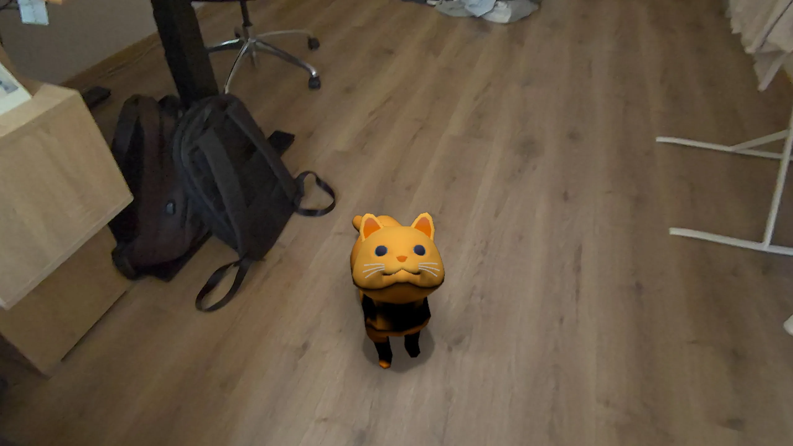 Tobby looking up at the player while standing on a real wooden floor